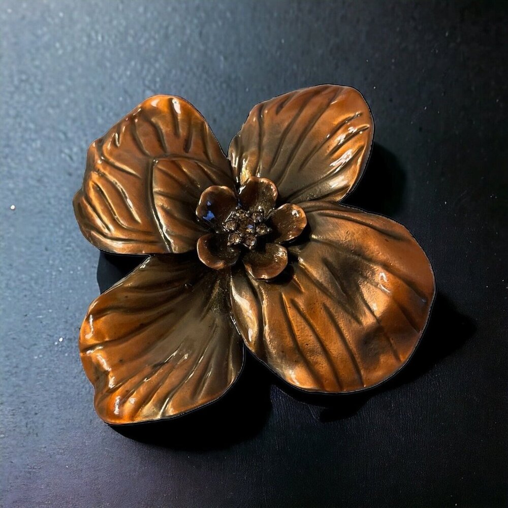 VTG Erwin Pearl Rhinestone Layered Petal Flower Copper‎ Color Enamel Brooch Pin